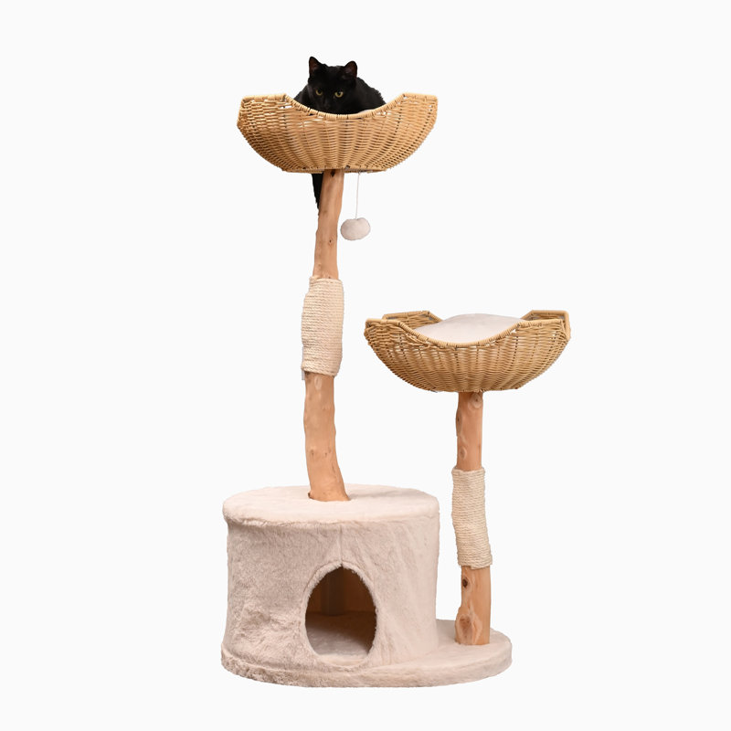Natural Wood and Sisal Freestanding Cat Tree with Plush Condo