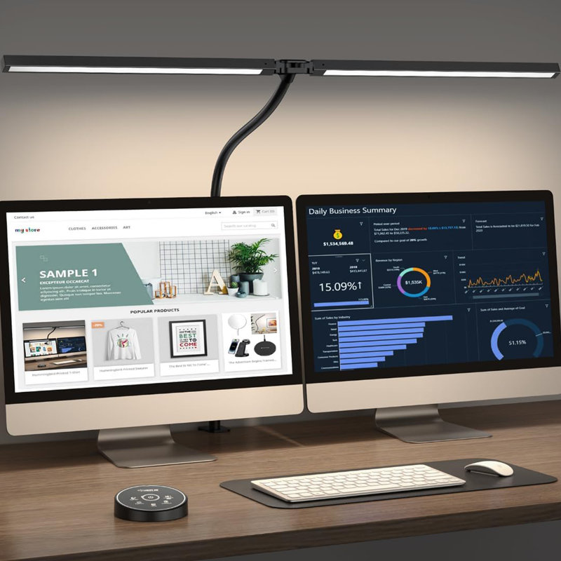 Lampe de bureau à DEL avec pince, lampe architecte soucieuse des yeux, lampe de bureau pour écran d'ordinateur à double tête, lumière de col de cygne flexible et réglable avec 4 modes de couleur et 5 niveaux de luminosité