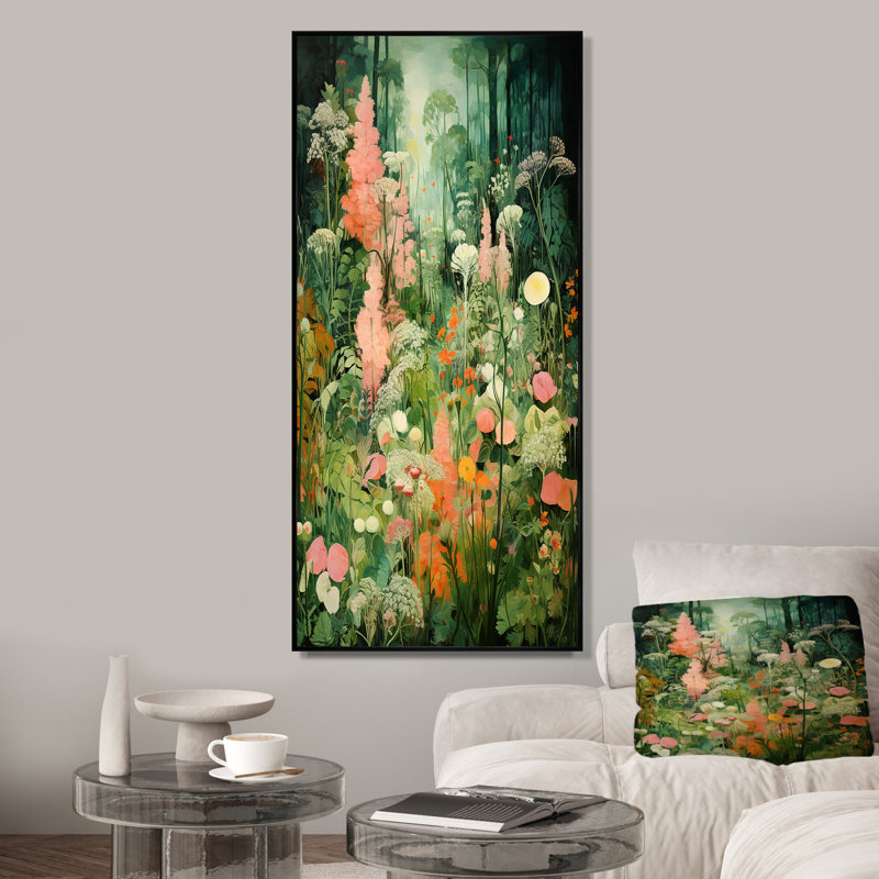 Enigma, fleurs de jardin roses et vertes 3 - tachisme, art mural, Cadre flottant noir, H 40 po x l 30 po