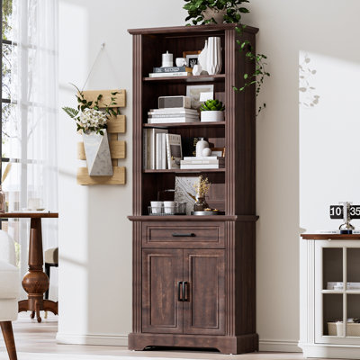 5 Tiers Farmhouse Bookcase 72" Tall Bookshelf With Doors And Storage Cabinet Farmhouse Book Shelf With Adjustable Shelf For Home Office,living Room, Antique White