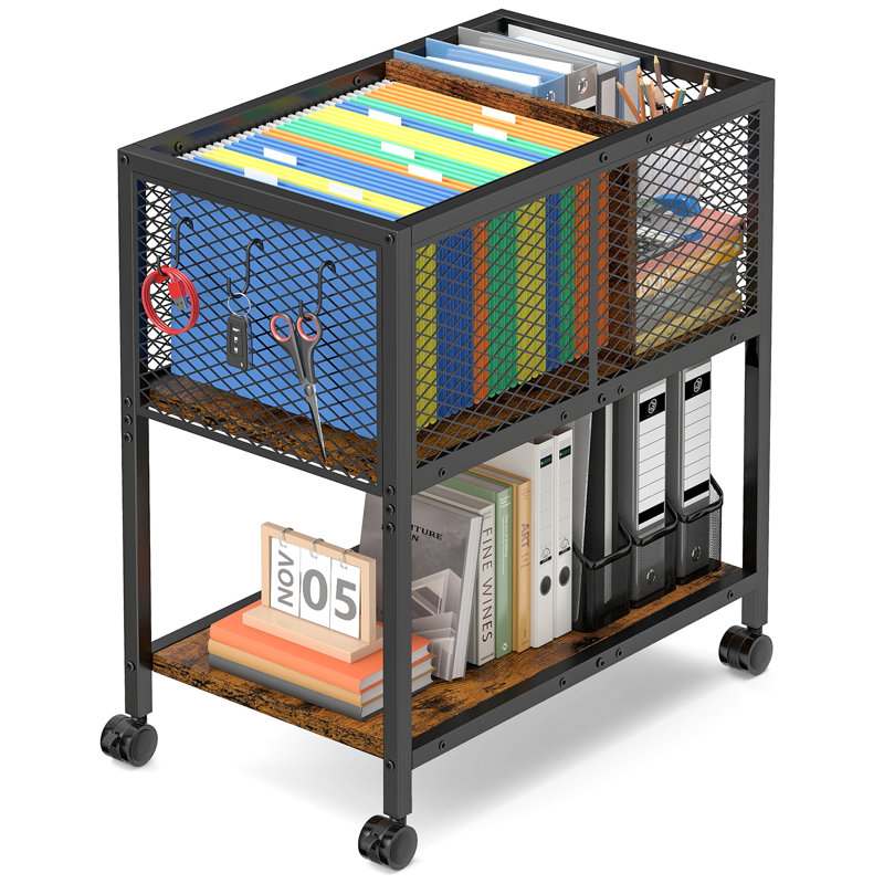 Rolling File Cart With Lockable Wheels, 2-tier Metal Mobile Filing Cabinet With Hanging File Bar & Mesh Storage, Rolling File Organizer For Letter Size Files, Home Office Storage Cart For Office, School, Garage, Rustic Brown