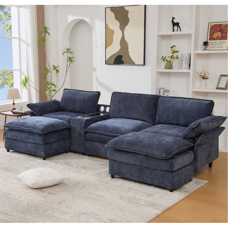 Canapé modulaire en U en forme de U, console de rangement et recharge sans fil, 2 porte-gobelets, haut-parleurs Bluetooth, 2 repose-pieds mobiles, main courante réglable, siège mobile, chenille, bleu