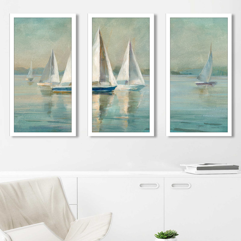"Voiliers au lever du soleil", reproduction sur acrylique 3 pièces, H 33,5 po x l 52,5 po x P 1 po