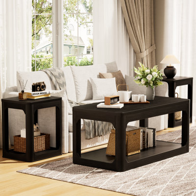 Modern 3-Piece Coffee Table Set with 2 Side Tables, 2-Tier Living Room Table Sets, Minimalist Sofa Side End Tables with Storage Shelves