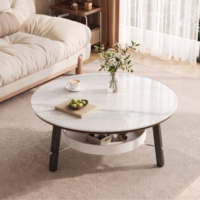Table basse ronde en pierre frittée avec tablette de rangement, pieds en bois massif noir, table de centre minimaliste moderne pour le salon, meubles d'appoint de style campagnard pour petits espaces, assemblage facile
