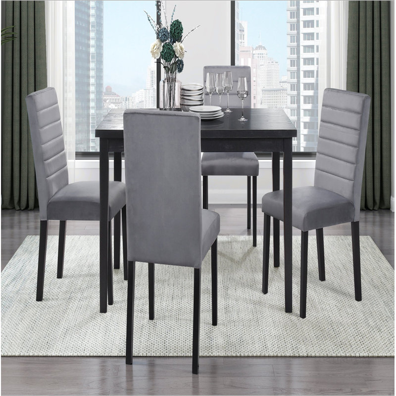 Ensemble de salle à manger 5 pièces, ensemble de salle à manger à finition noire et 4 chaises d'appoint en velours gris