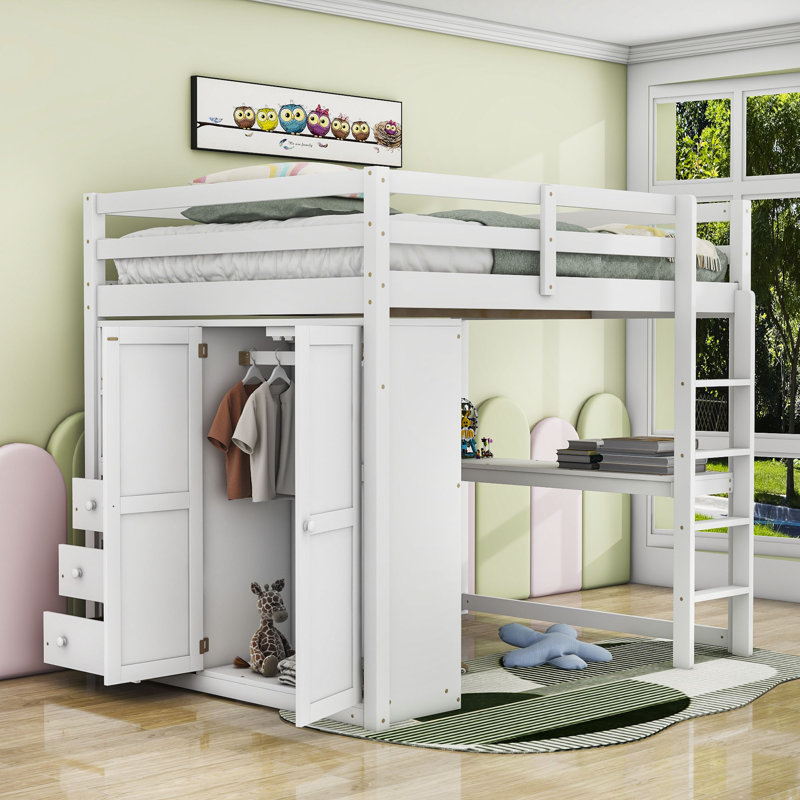 Lit mezzanine en bois 3 tiroirs Jeilynn avec garde-robe et bureau intégrés, Blanc