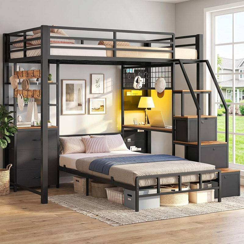 Lit superposé simple au-dessus de simple avec bureau et 6 tiroirs de rangement Lit mezzanine en métal avec tige de suspension et sac de rangement latéral, peu encombrant, noir et brun
