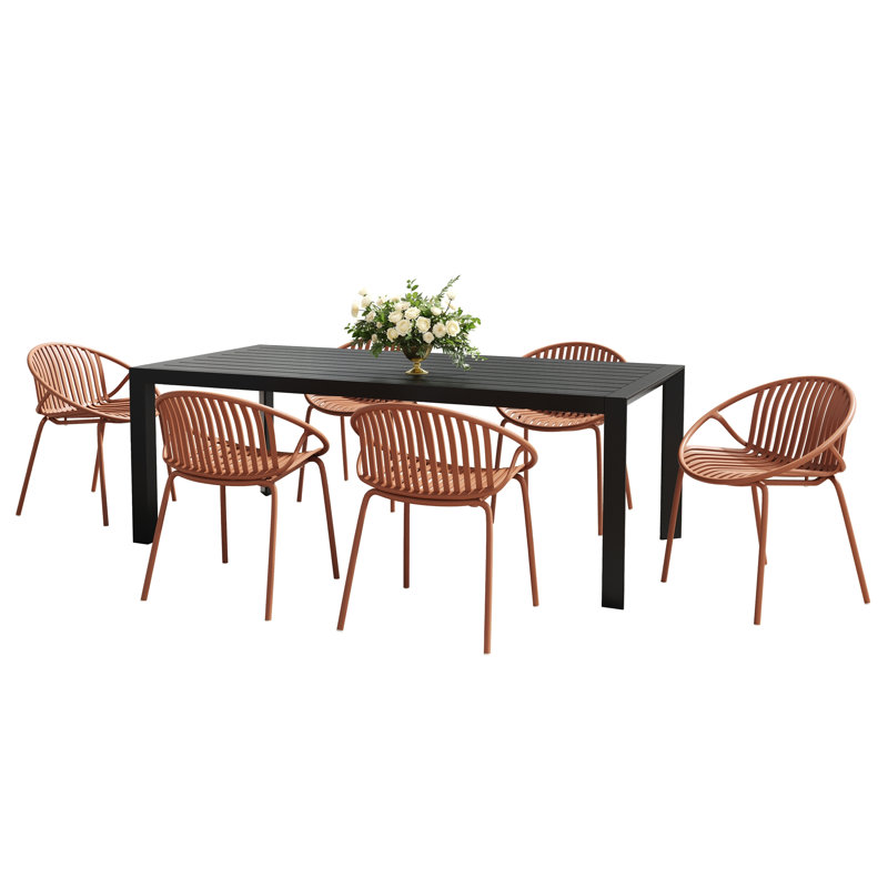 Ensemble de salle à manger d'extérieur 7 pièces en métal et polypropylène avec chaise empilable, orange et noir