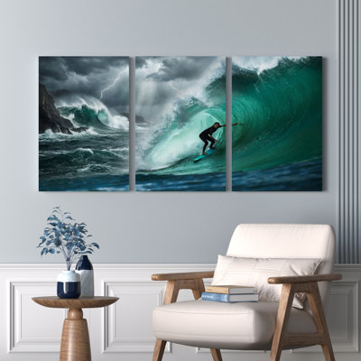 Surfer Riding Giant Wave Stormy Ocean Canvas Wrapped Wall Art Oil Painting Print Set Of 3
