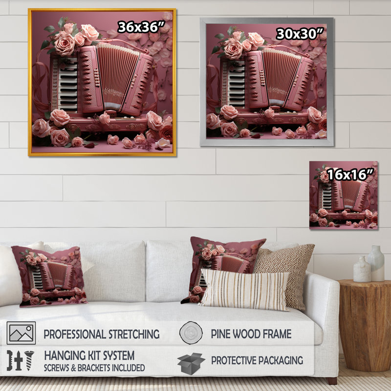 «Music Accordion Amore Romantic Rose II», reproduction sur toile, Cadre flottant doré, H 24 po x l 24 po x P 1 po