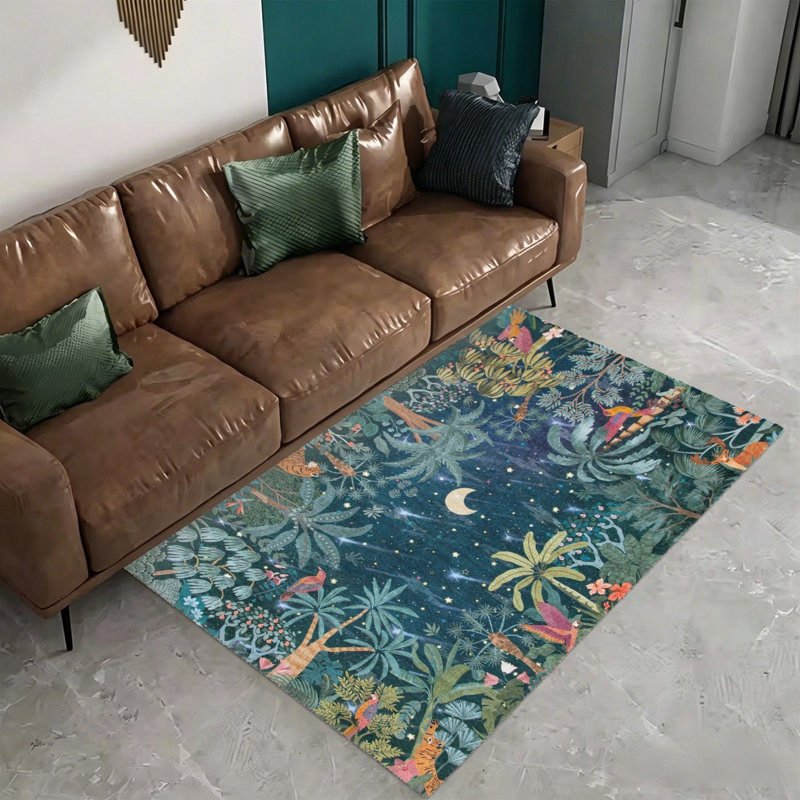 Night Jungle Scenery Rug, 5 x 7 Ft for Outdoor Deck & Sleeping Room, Teal