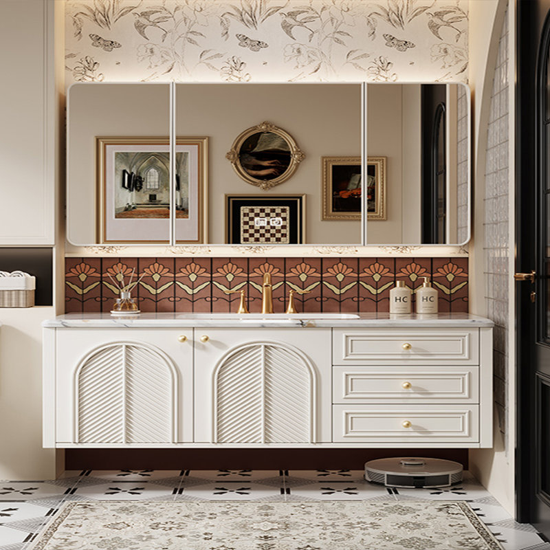 Retro French style bathroom cabinet, White, 19.69" H x 66.93" W x 19.69" D