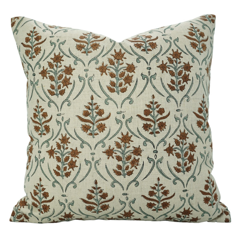 Housse de coussin à motif floral imprimé à la main Fabividine, brun, Vishal, Carrée, H 24 po x l 24 po