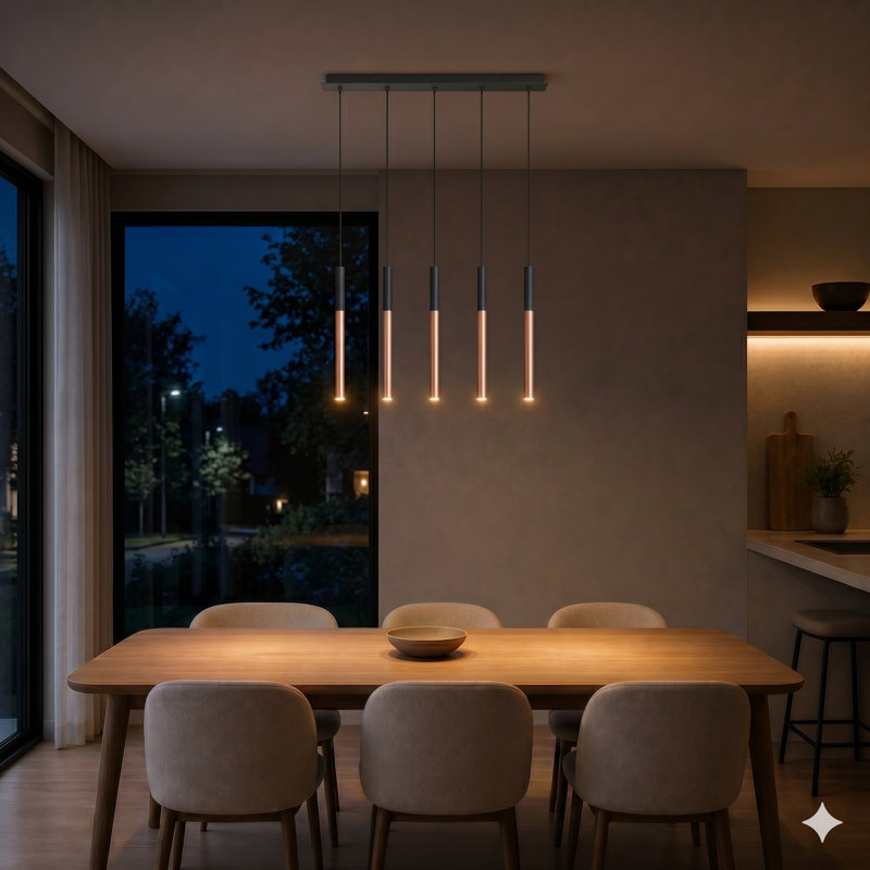 Luminaire suspendu cylindrique à DEL 5 lumières pour îlot de cuisine Baileyton, Dessus noir / cuivre brossé