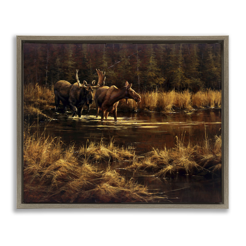 Cadre flottant Moose pair at Stream, conception de Paco Young, H 25 po x l 31 po, Cadre flottant orme Montalcino