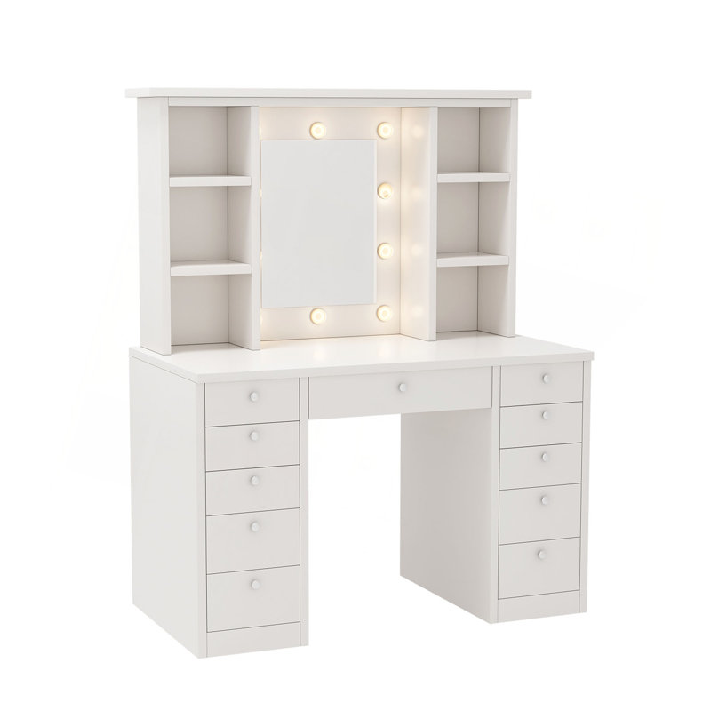 Bureau de coiffeuse avec miroir lumineux à DEL, coiffeuse de maquillage avec 11 tiroirs, 3 modes d'éclairage couleur réglables en luminosité, câblage caché, coiffeuse pour chambre à coucher