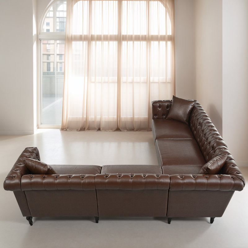 Reversible L-Shaped Sectional Sofa - 5-Seater Chesterfield Style PU Leather Couch With Nailhead Trim For Living Room Or Large Spaces