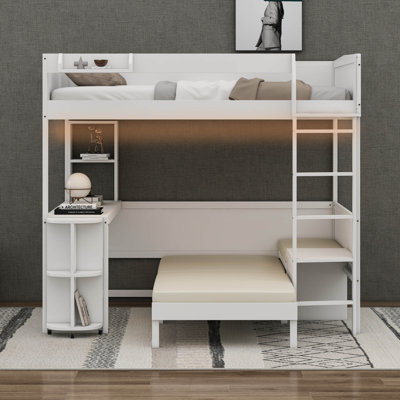 Full Size Loft Bed With Extendable Desk And Lights, Wood Loft Bed Frame With Storage Shelves & Padded Foldable Sofa