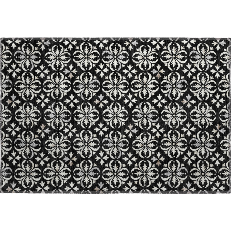 Premium Machine Washable Prisco Black Rug, Rectangle 1'8" x 2'6"