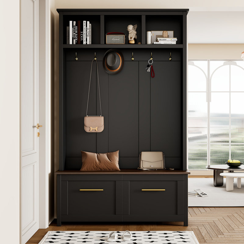 4-In-1 Hall Tree With 6 Golden Hooks, Wood Grain Bench With Multiple Storage Space, Entryway Coat Rack With 2 Drawers