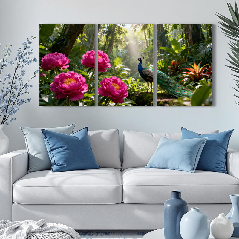 Ensemble de 3 toiles murales représentant un paon et des fleurs roses dans une jungle tropicale, H 24 po x l 48 po