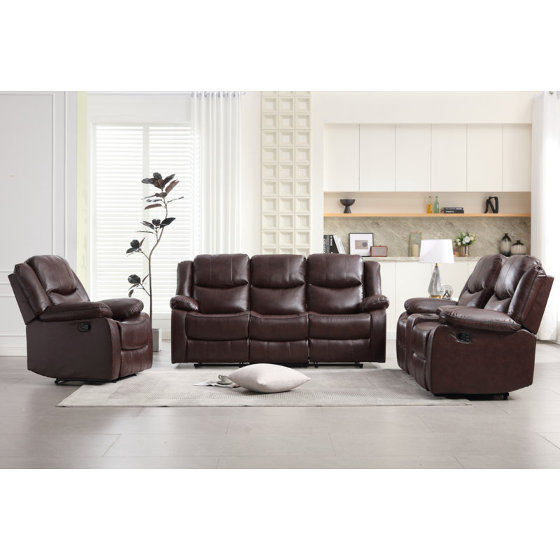 Kamarli 3 Piece Leather Manual Reclining Living Room Set with Pillow Top Armrest, Brown