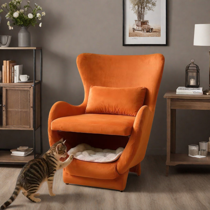 2 In 1 Modern Velvet Accent Chair With Free Padded Cushion And Pet Friendly Space, Orange Velvet