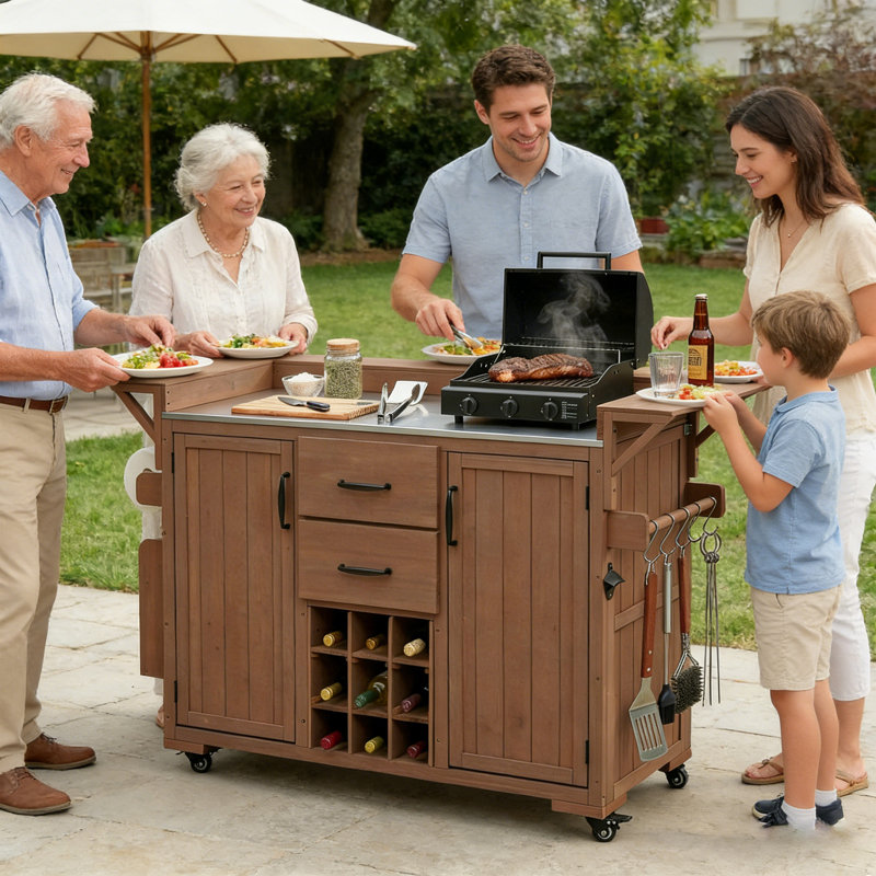 Modern 60.2''W Wood Outdoor Patio Bar Cart with Wheels, Rolling Patio BBQ Kitchen Cart with Stainless Steel Top, Brown