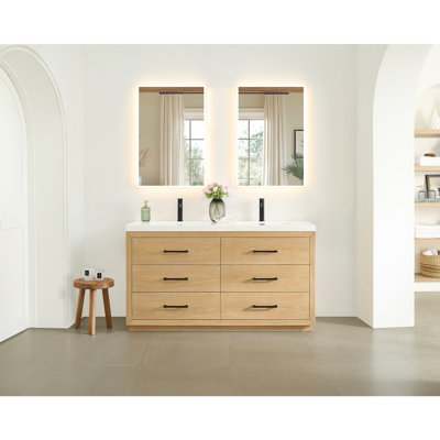 Abia 72" Double Bathroom Vanity in Washed Oak with White Artificial Drop-in Sink with Mirror