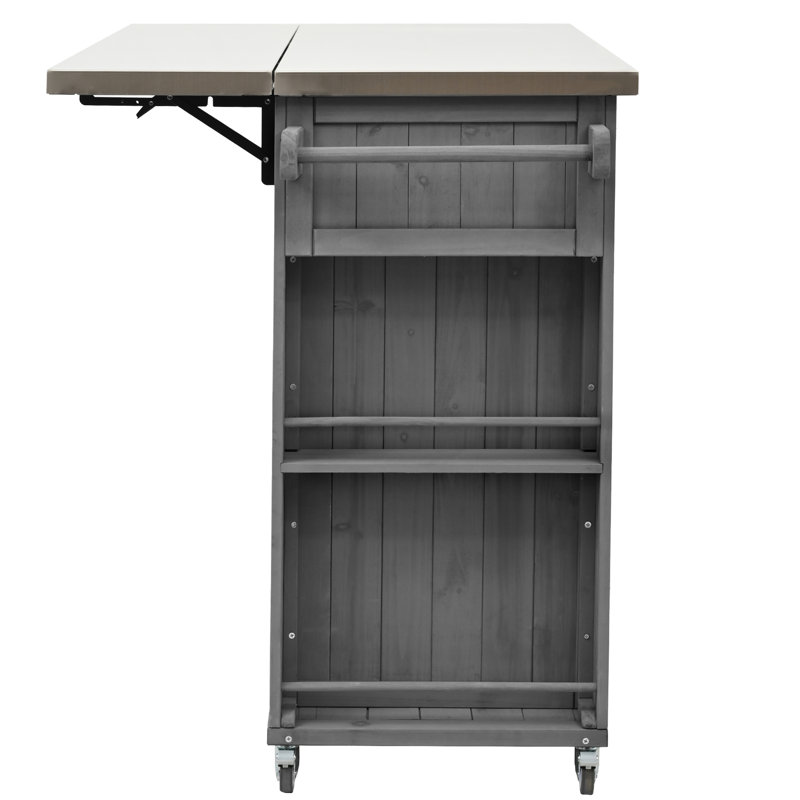 Îlot de cuisine extérieur gris - construction en bois de sapin, plateau en acier inoxydable, rangement polyvalent, porte-serviettes, ouvre-bouteille encastré Spice, roues verrouillables encastrées, comptoir, compartiments de rangement, etc.