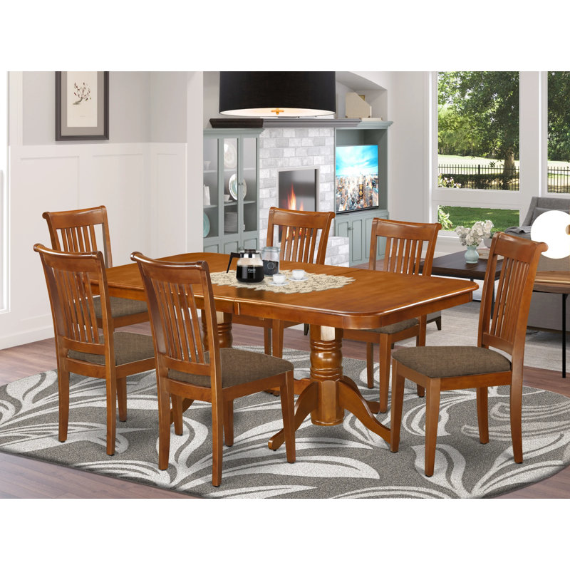 7 Piece Set Consist of a Rectangle Wooden Table with Butterfly Leaf and 6 Linen Fabric Dining Chairs, Saddle Brown