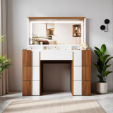 42" Hollywood-Style Vanity Desk with LED Lighted Mirror & USB-C Charging Station | 7-Drawer Makeup Organizer, Engineered Wood