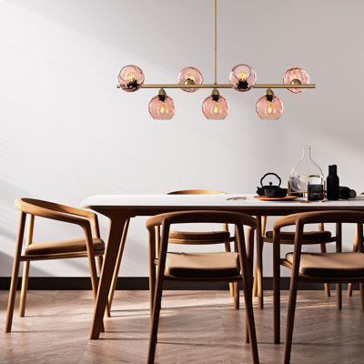 Elegant Pink and Gold Chandelier, 43.3 x 15.7 x 33.1 inches | Sturdy Metal Body with Glass Cap, 7 x E27 Sockets (Max 40W) | Perfect for Living Room, Dining Room, and Entryways | Stylish Home Lighting Fixture
