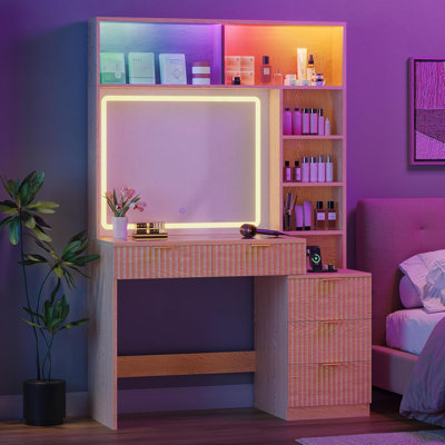 Fluted Vanity Desk With Mirror, Sync Music Led Lights, Power Outlet, Wooden Makeup Vanitys With Glass Cabinet, 4 Shelves, 5 Drawers Dressing Table For by Ivy Bronx