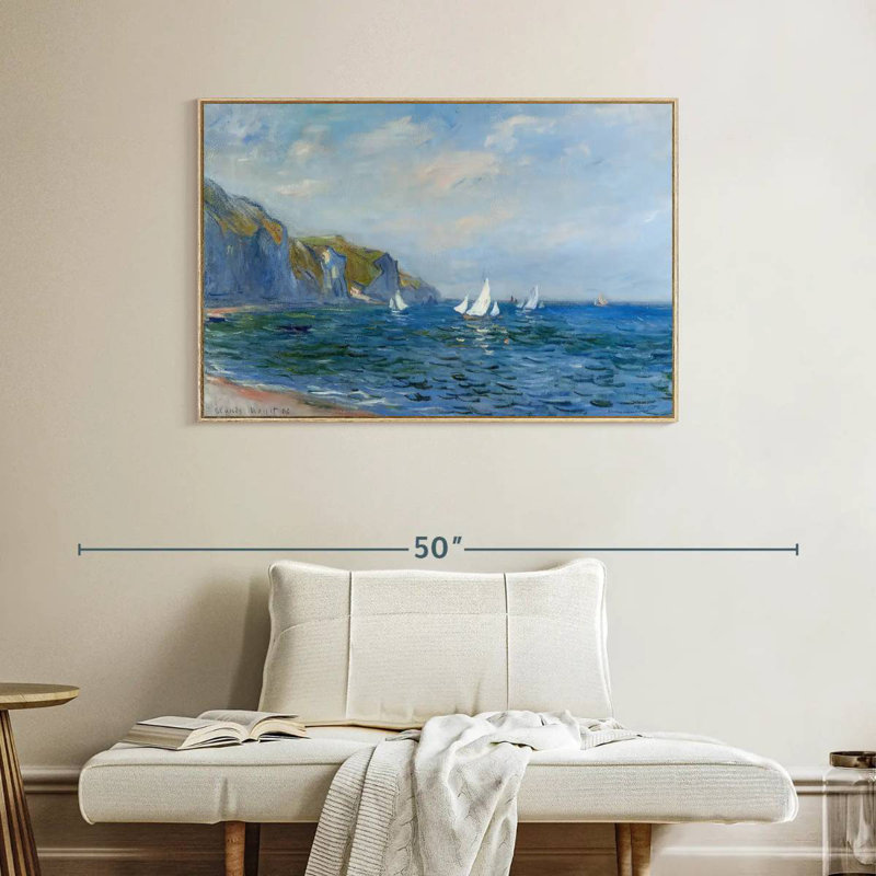 Falaises et voiliers à Pourville, Cadre flottant en bois naturel, 40 po x 27 po