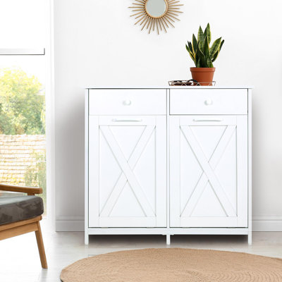 Dual Tilt Out Trash Cabinet, 10x2 Gallon Pet Proof Kitchen Pull Out Hidden Garbage Can, Freestand Wooden Laundry Sorter with Drawer, Barn Door Style, for Home, Living