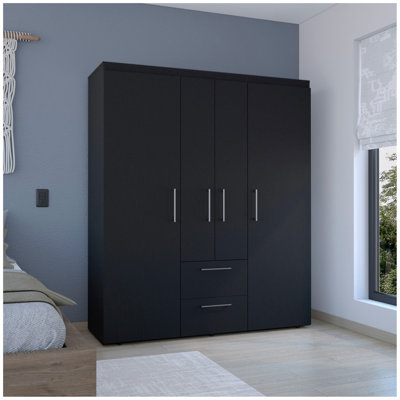 Bariloche Wardrobe, Multi-Section Storage With Hanging Rods, Shelves, And 2 Drawers Black by Latitude Run