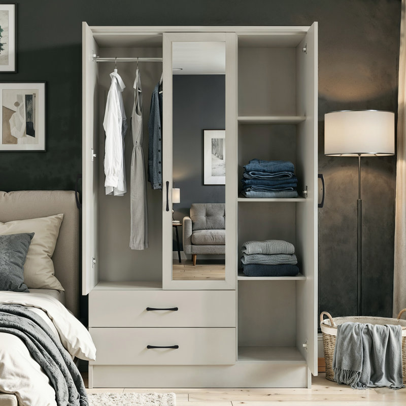 Millbury 3 Door 2 Drawer Wardrobe with Mirror, Light Grey