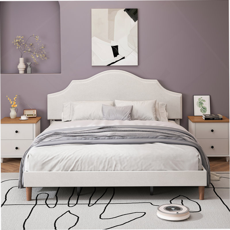 Très grand lit plateforme tapissier avec tête de lit ajustable, rembourré en tissu de lin, lit plateforme de style simple et moderne sans sommier, facile à assembler, blanc