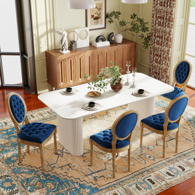 Mid-century Wood Rectangular Pedestal Dining Set with Velvet King Louis Back chairs Dininig Chair