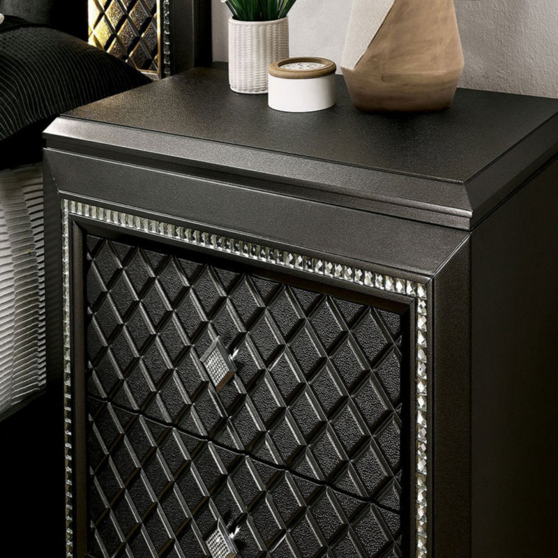 Table de chevet 2 tiroirs en bois avec texture de galets, gris métallique