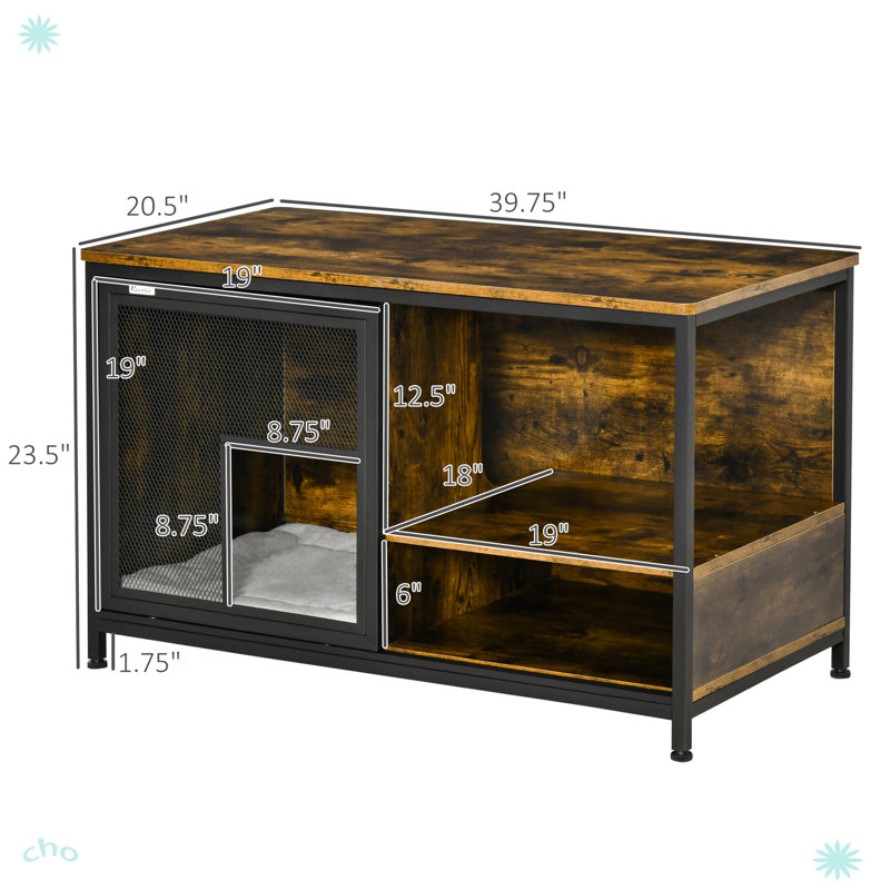 Rustic Brown Wood and Steel End Table Pet House with Cushion
