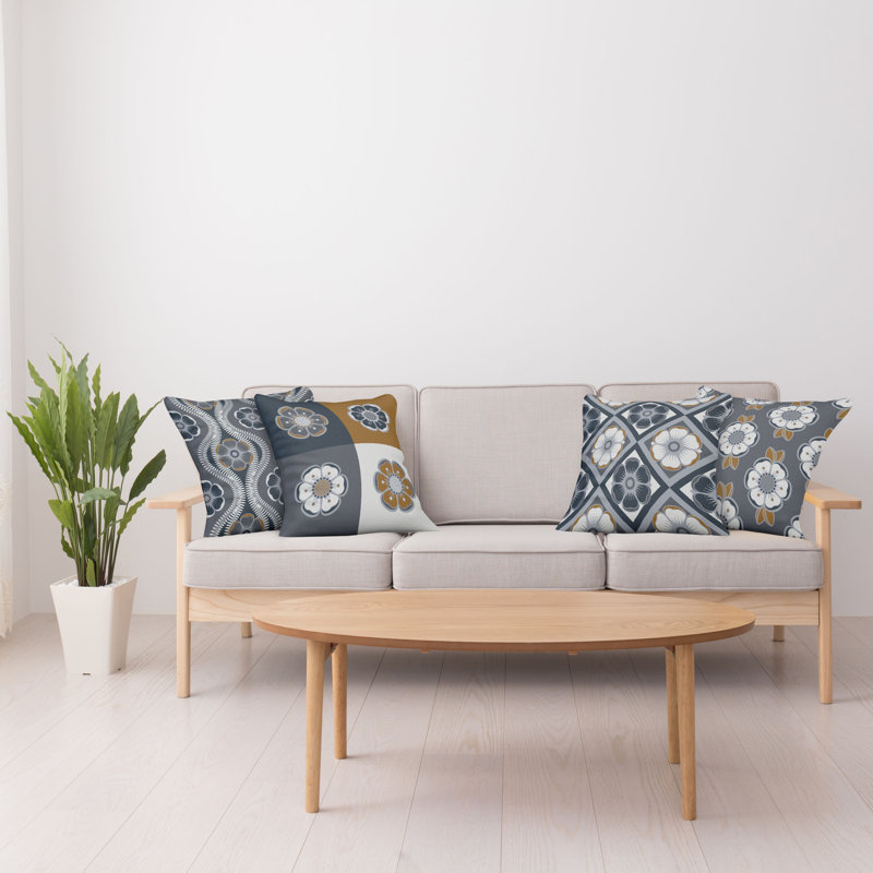 Dark Blue and Amber Microfiber Floral Throw Pillow Set