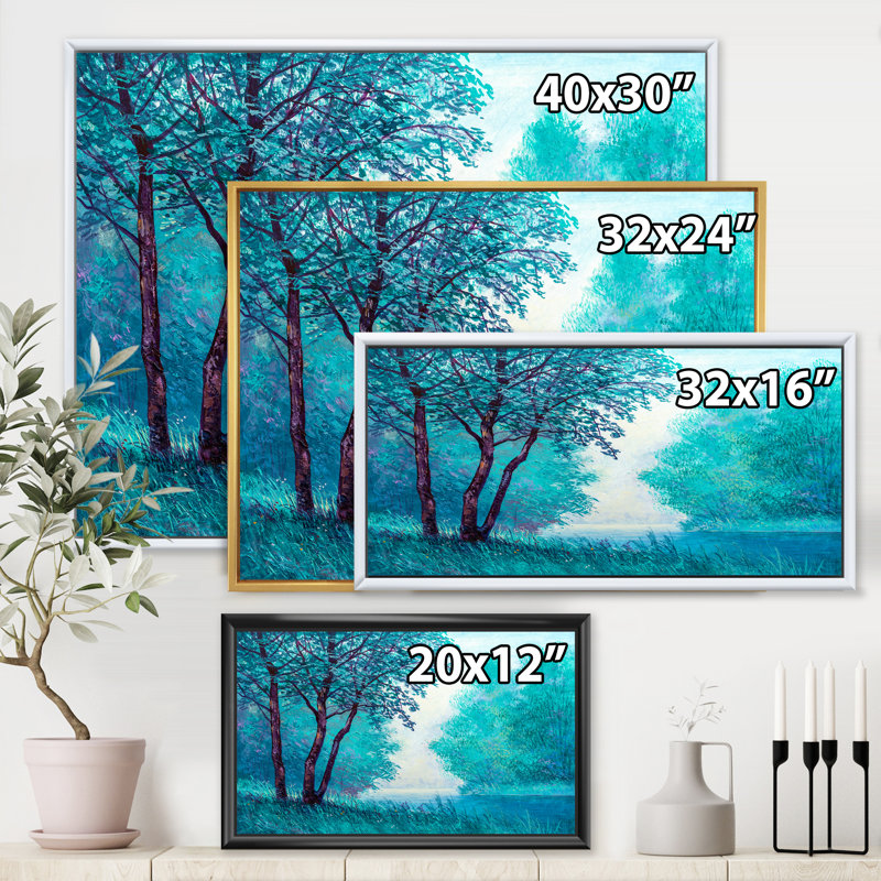 «Blue Colored Tree Impression III», peinture sur toile, H 16 po x l 32 po x p 1 po, Cadre flottant blanc