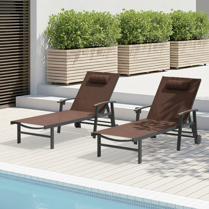 Outdoor Patio Chaise Lounge Set Of 2 With Wheels And Armrests, Brown