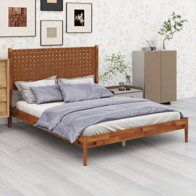 Base de lit de style Mid-Century moderne avec tête de lit en cuir tressé à la main