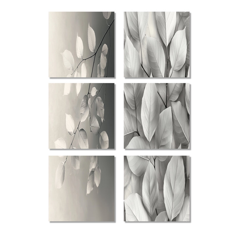 Galet à feuilles grises veines de la nature - ensemble de 6 décorations murales florales, Toile tendue, Ne s’applique pas
