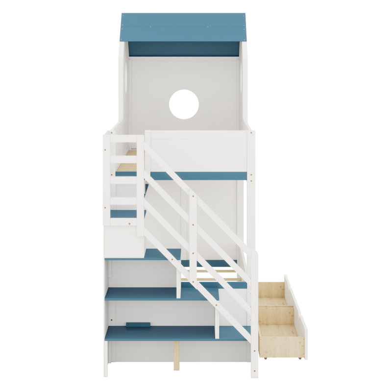 Lit superposé avec tiroirs d'escalier House, Blanc / bleu