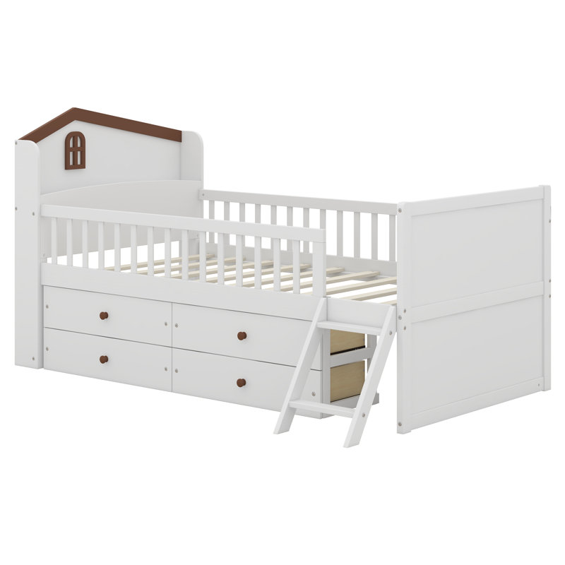Twin Size Montessori Floor Bed, Kids Platform Bed With Guardrail Headboard And Ladder, Wooden Bed Frame With 4 Drawers, White
